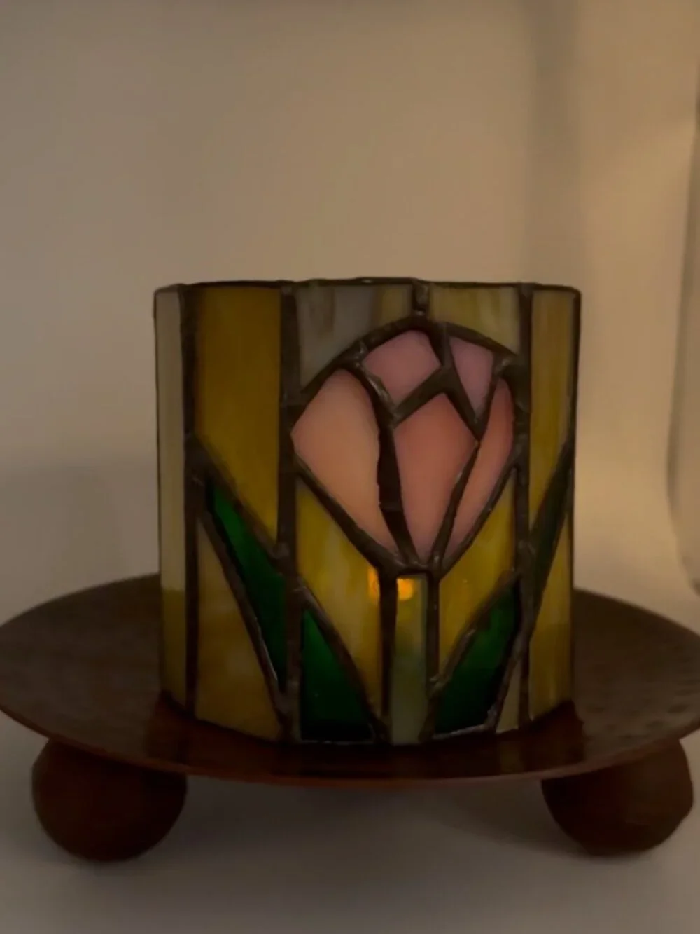 Vintage stained glass votive candle holder pink tulip design, art nouveau, textu